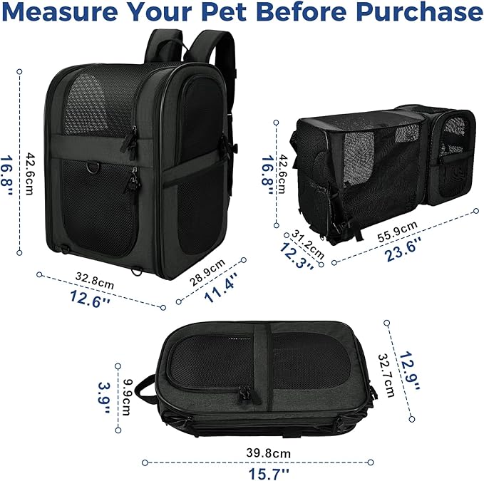 Apollo Walker Pet Carrier Backpack for Large/Small Cats and Dogs, Puppies, Safety Features and Cushion Back Support for Travel, Hiking, Outdoor Use (Black-Expandable)