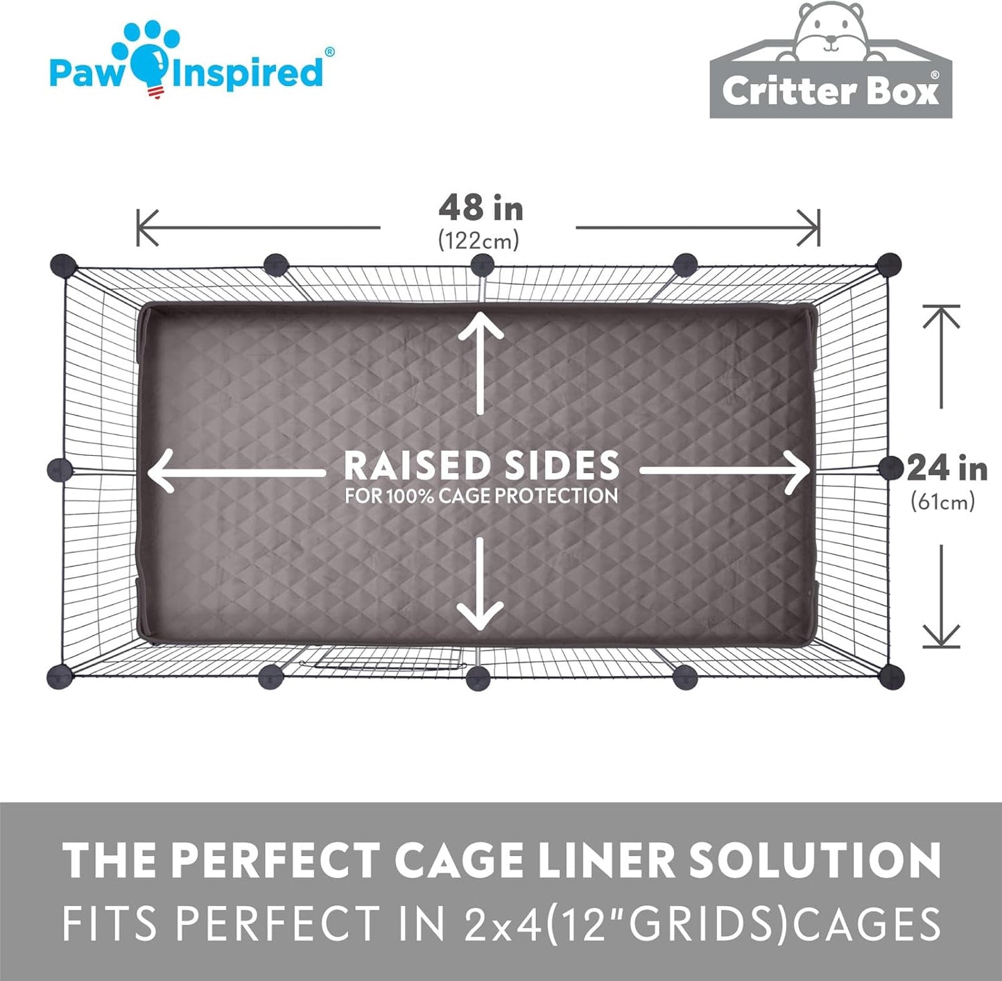 Paw Inspired Critter Box | Washable Guinea Pig Cage Liners with Raised Sides | Fleece Bedding for Guinea Pigs Rabbits, Hamsters, Small Animals | Edge Protected Pee Pads (2x4 (12" Grids))