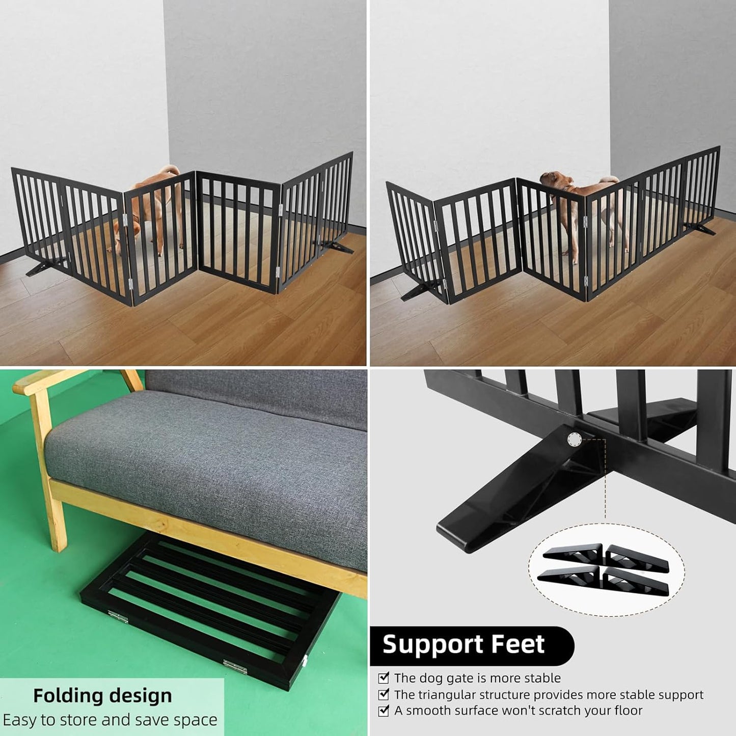 ZJSF Freestanding Indoor Dog Gate for House Foldable Wood Puppy Gate for Doorways Pet Gate for Stairs Extra Wide Pet Fence, Black, 32" Height 6 Panels