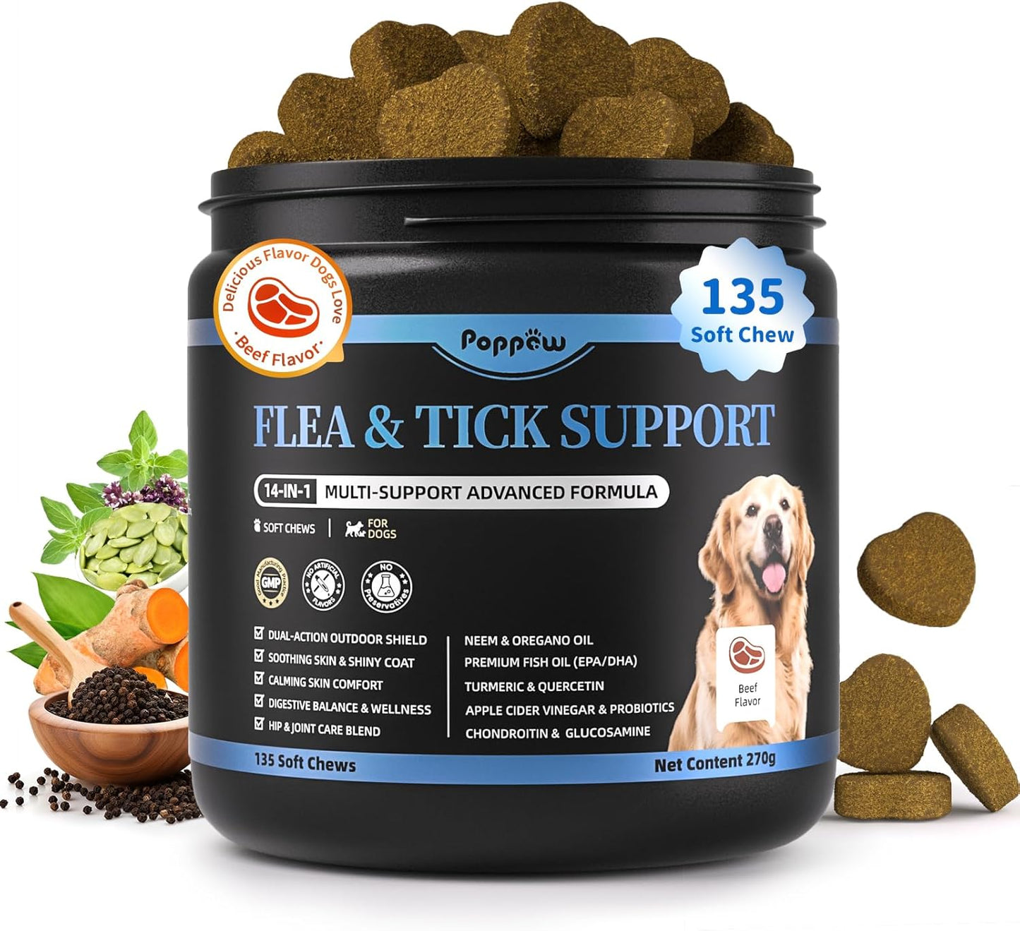 Dog Flea and Tick Support Chewable, Natural Dog Flea Comfort Supplement, Oral Chews with Neem, Oregano Oil, Pumpkin Seed Oil & Brewer's Yeast – 135 Soft Chews, Beef Flavor – for All Breeds & Sizes