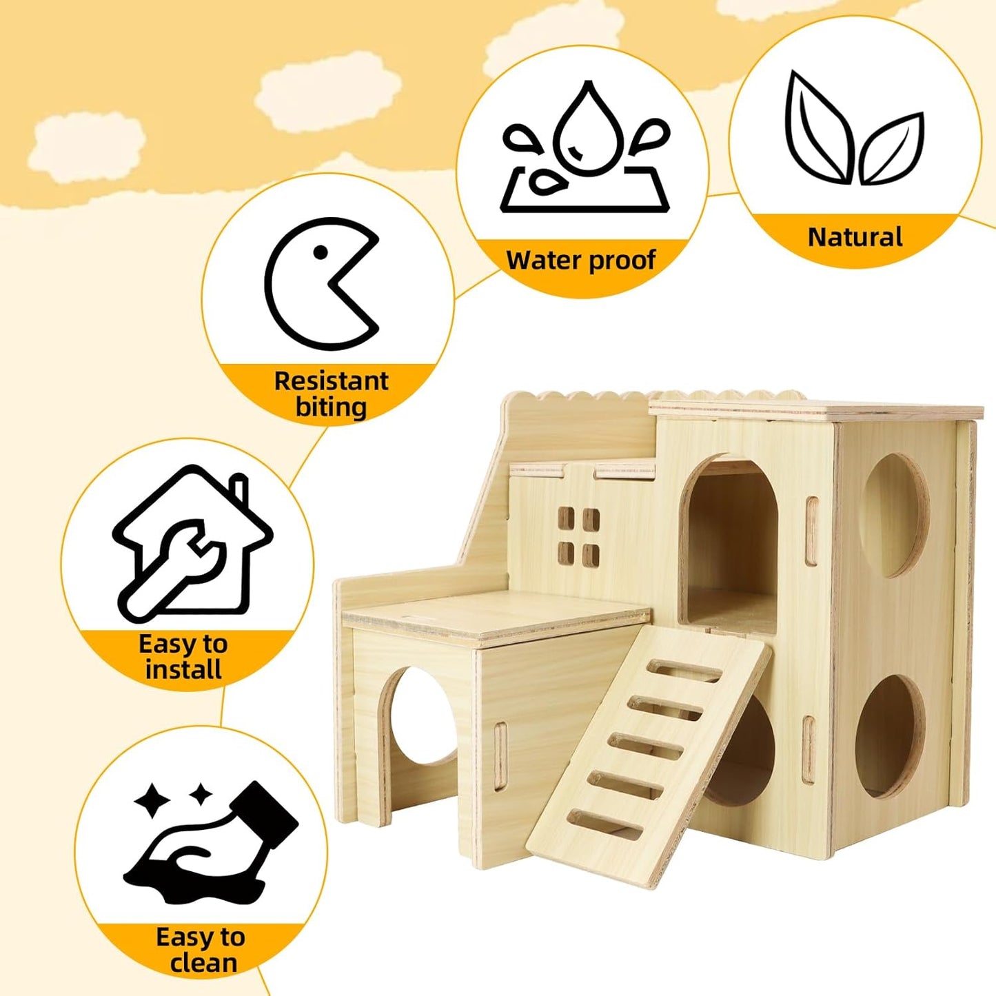 Tiny Hamster Maze Wood House with Slide House, Hamster Hideout Cage Accessories, for Dwarf Gerbils and Mouse Mice Rat Other Small Animals(Only Suitable for Hamsters)