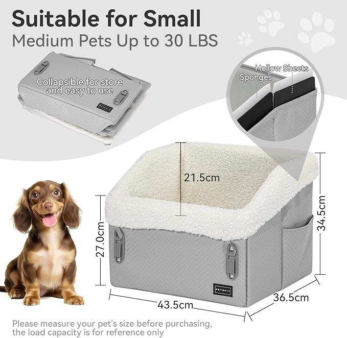 PETSFIT Small Dog Car Seat, Waterproof PU Leather Dog Booster Car Seat with Patented Safe Buckles, Pet Carseat for Medium or Small Sized Pets up to 30 lbs (Grey)