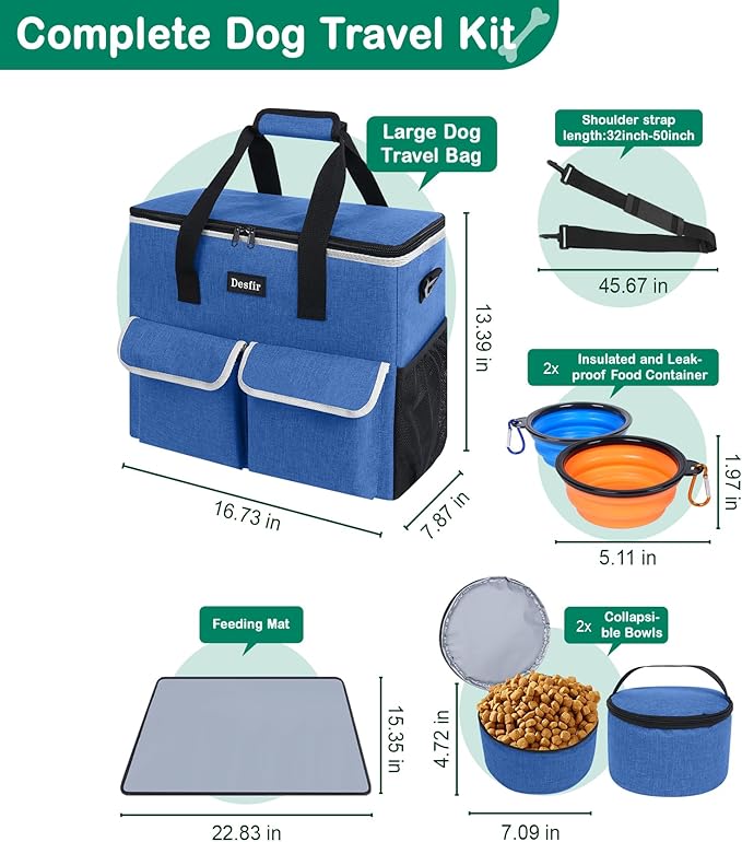 Large Pet Travel Bag Organizer - Dog & Cat Tote with Food Containers, Bowls, Feeding Mat, Perfect for Camping, Hiking (Multi-Pocket Design)
