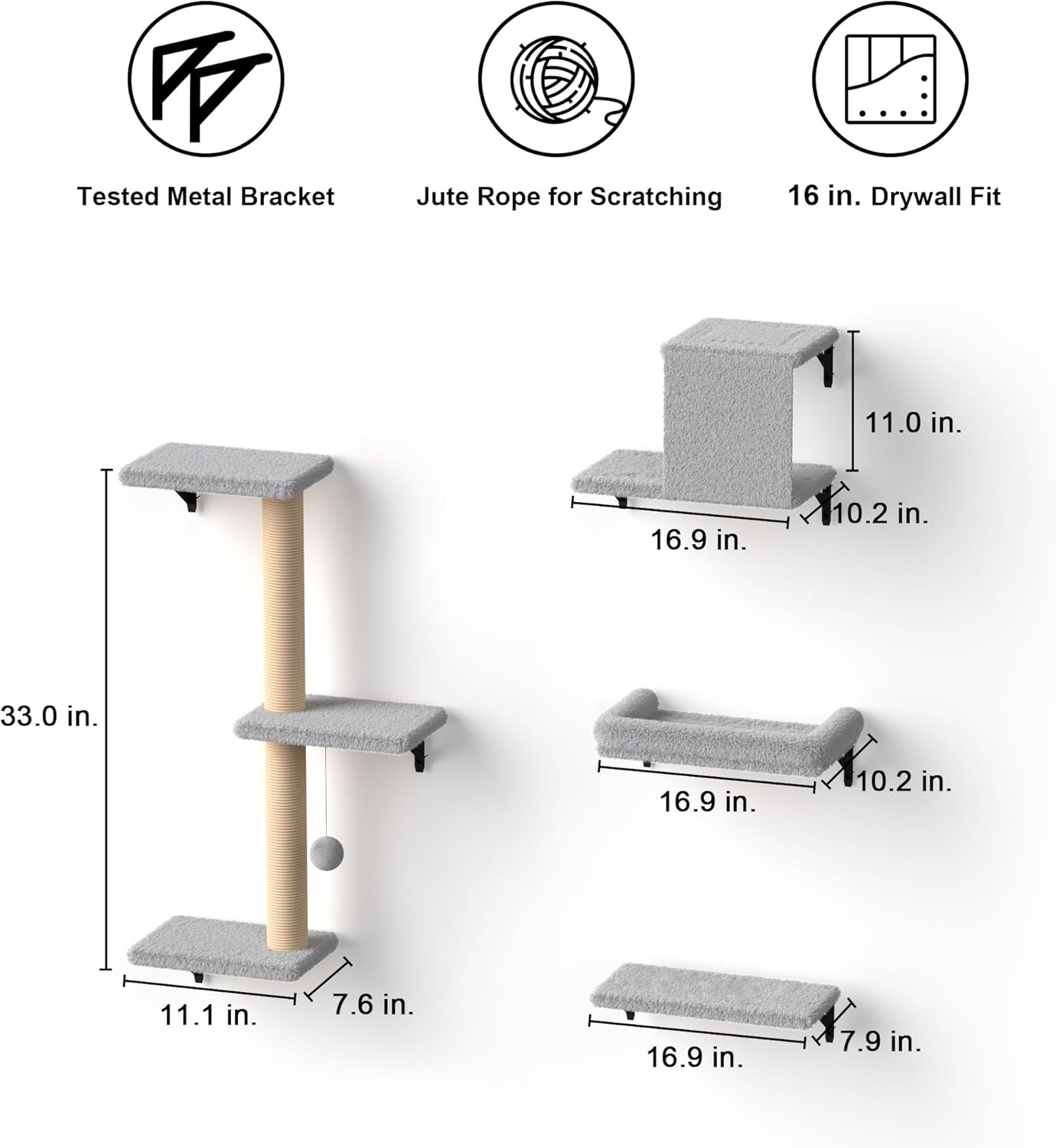 FUKUMARU Cat Wall Shelves, Stable & Safe 4 in 1 Cat Furniture Set, Wooden Climbing Wall with Scratching Post for 16 Inch Drywall - Light Gray