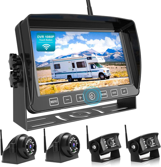 Fookoo HD 7" Wireless Backup Camera System, 1080P 7" Quad Split Screen Monitor, IP69 Waterproof Side Rear View Cameras, Parking Lines, Loop Recording, Digital Signal for RV/Trailer/Truck/Bus (DW7T4)