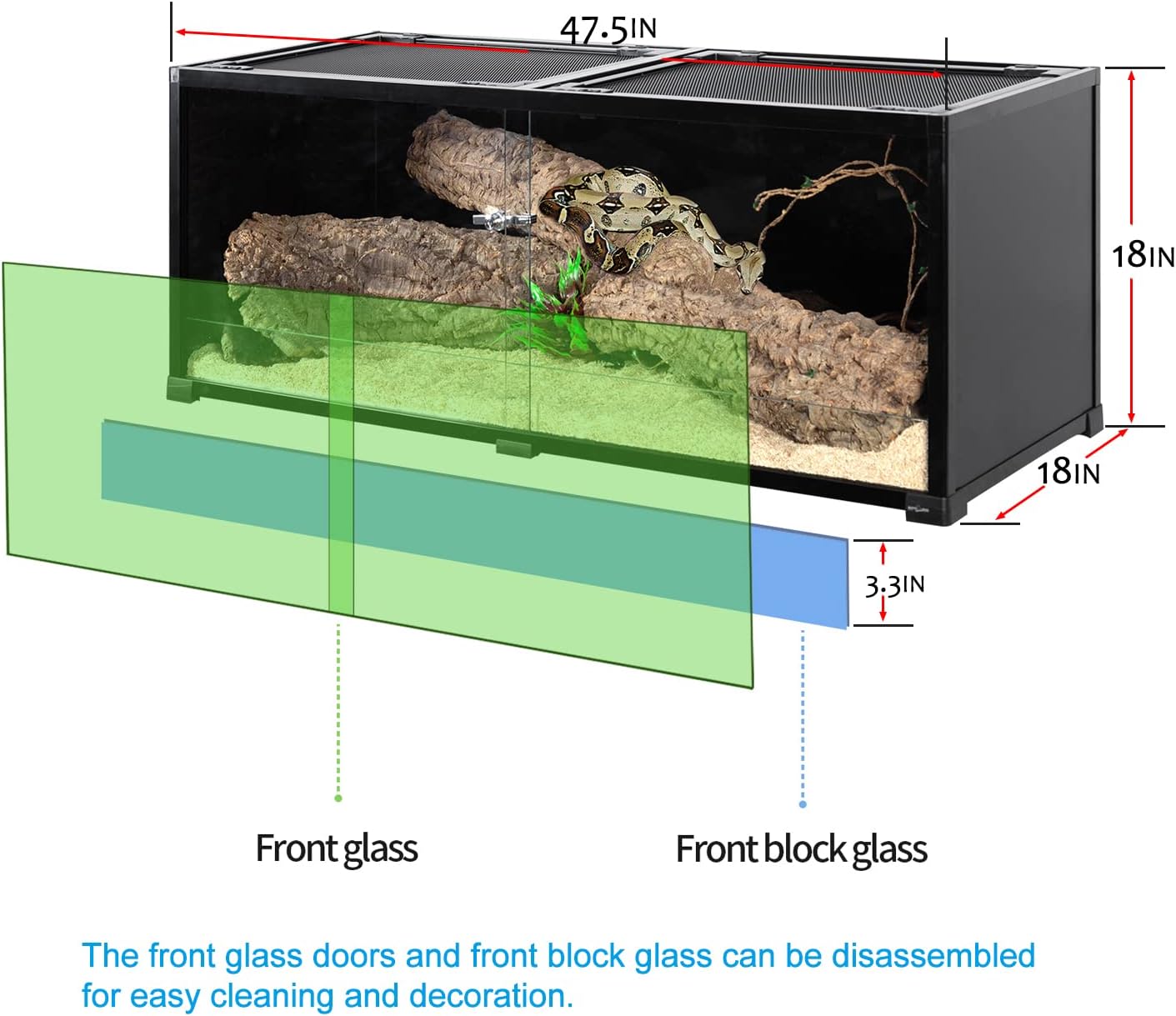 REPTI ZOO 68 Gallon Reptile Terrariums, 48" X 18" X 18" Reptiles Tanks Enclosure for Bearded Dragon Ball Python Snake, Black-Tinted ECO Glass Reptile Habitat with Sliding Door & Top Screen Ventilation