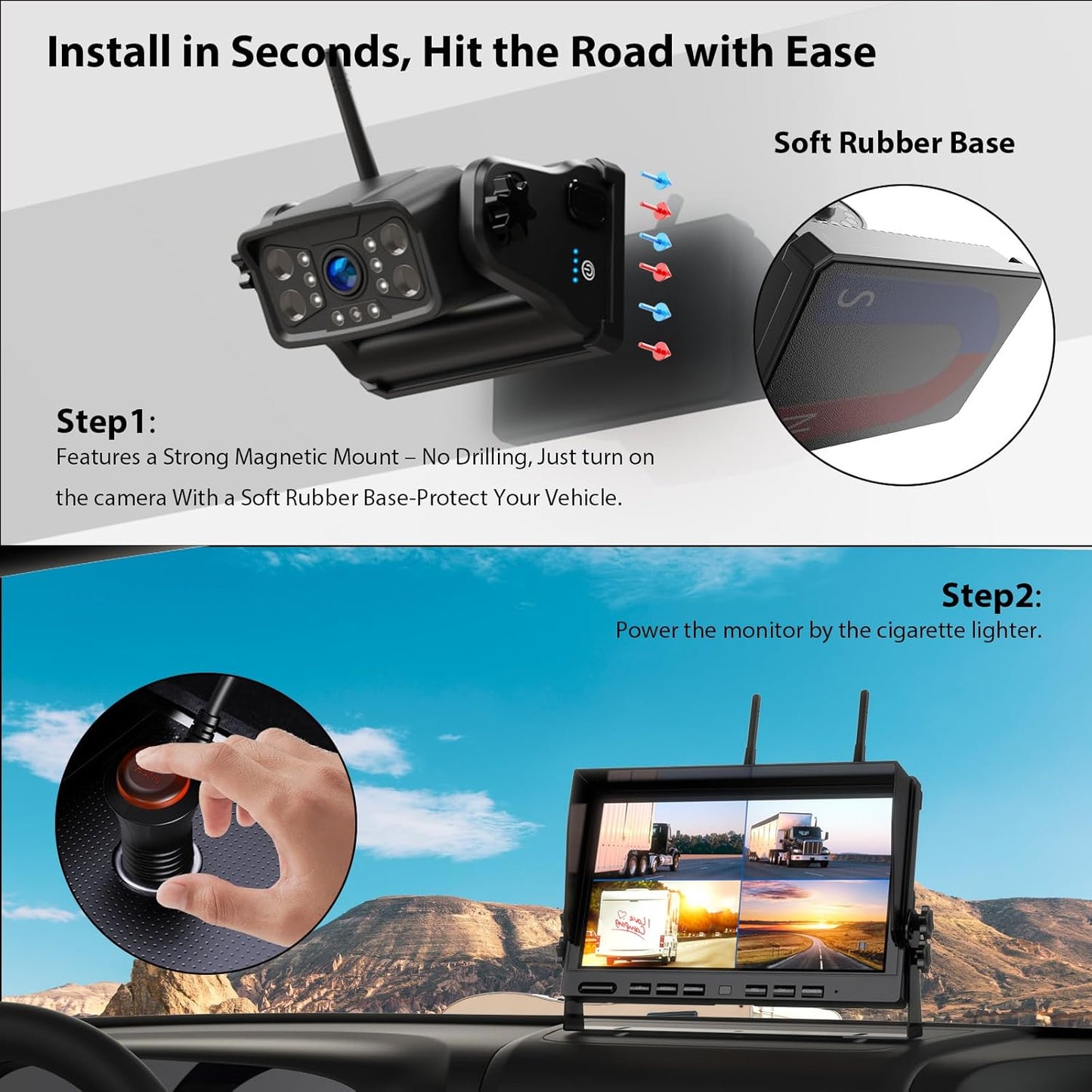 3 Magnetic Wireless Backup Camera with HD 1080P 10" DVR Monitor, 1-Rear View 2-Side View Cameras Wireless System for RV Trailer Trucks, Built-in 9600mAh Battery,Night Vision,Recording- ZEROXCLUB BC103