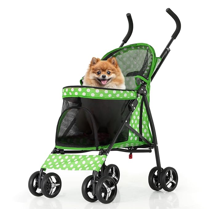 MoNiBloom 4 Wheels Pet Stroller, Easy-Fold Umbrella Shaped Dog Cat Jogger Stroller w/Storage Bag & Visible Mesh for Small/Medium Dogs Cats Lawn Green Polka Dots