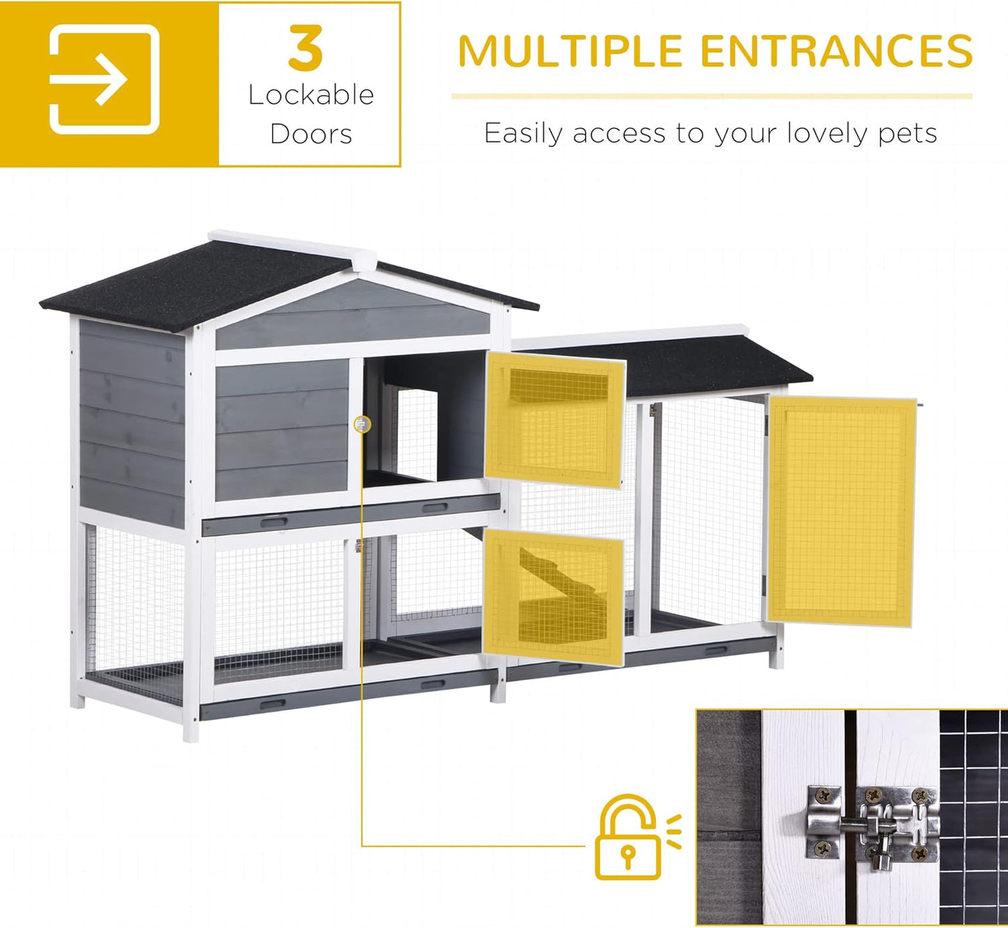 PawHut 62" Rabbit Hutch, Wooden Bunny Hutch, Guinea Pig Cage, Small Animal Enclosure with Run Area, Removable Tray, Asphalt Roof, Lockable Doors and Ramp, Gray