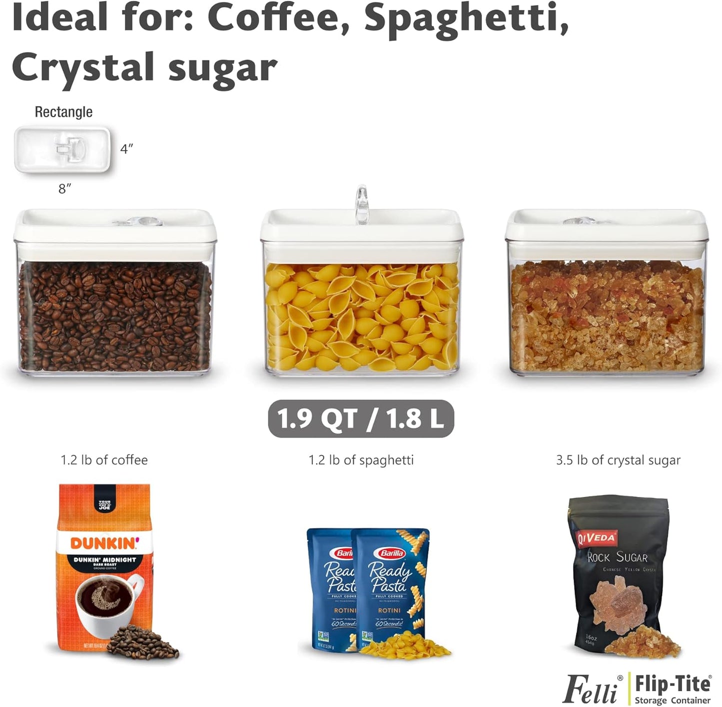 Felli Flip Tite Storage Container with Lid 4” RECTANGULAR Airtight Ring Flip Top, Stackable Kitchen Counter Pantry Organizer Acrylic Canister Jar for Pasta Spaghetti Cereal Granola Coffee (1.9qt)