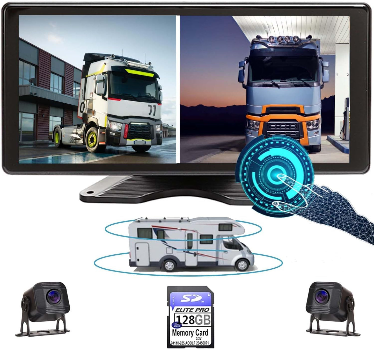 Skid Steer Touchable Screen 128GB Large Audio 1080P 2 Split Image 11 Inch Monitor Backup Camera Built-in DVR Video for RV Truck Trailer Rear Front Reversing Wired Waterproof System D102