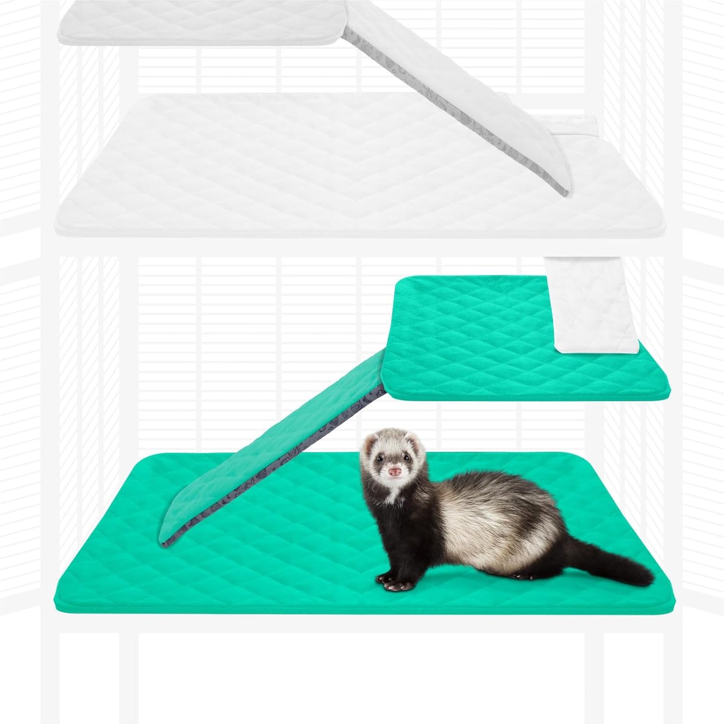 Paw Inspired Fitted Fleece Cage Liner Set for Ferret Nation, Critter Nation Single Unit (Bottom Pan Liner, Ramp Cover, Shelf Liner) for Ferrets, Rats, Chinchillas, Hedgehogs, Small Animals (Green)