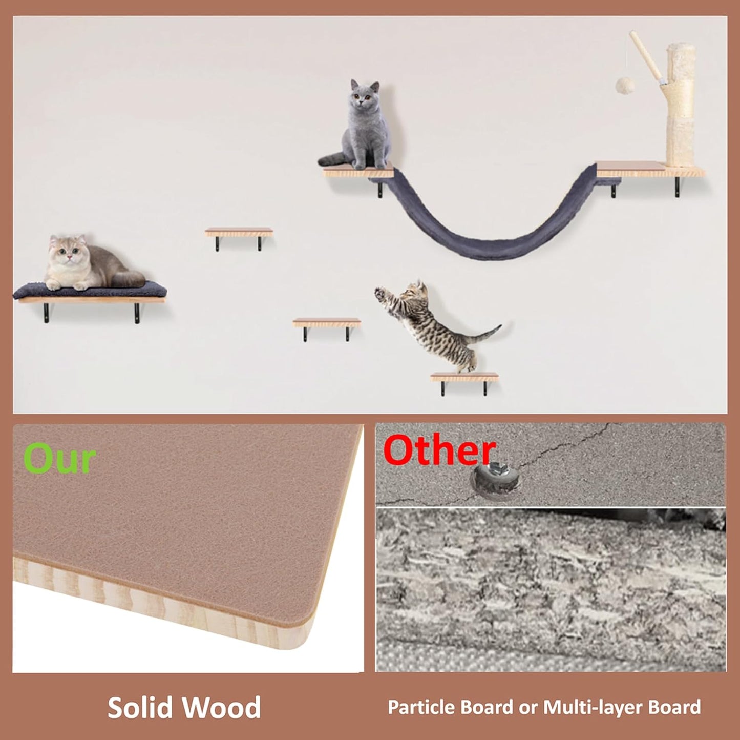 Wall Mounted Cat Climber Set, Cat Wall Shelves,Cat Wall Furniture Set,with Hammock,Jumping Boards,Sofa,Steps,Scratching Post,Hanging Ball and Felt Pads, Suit for Cats Climb, Jump,Scratch-Dark