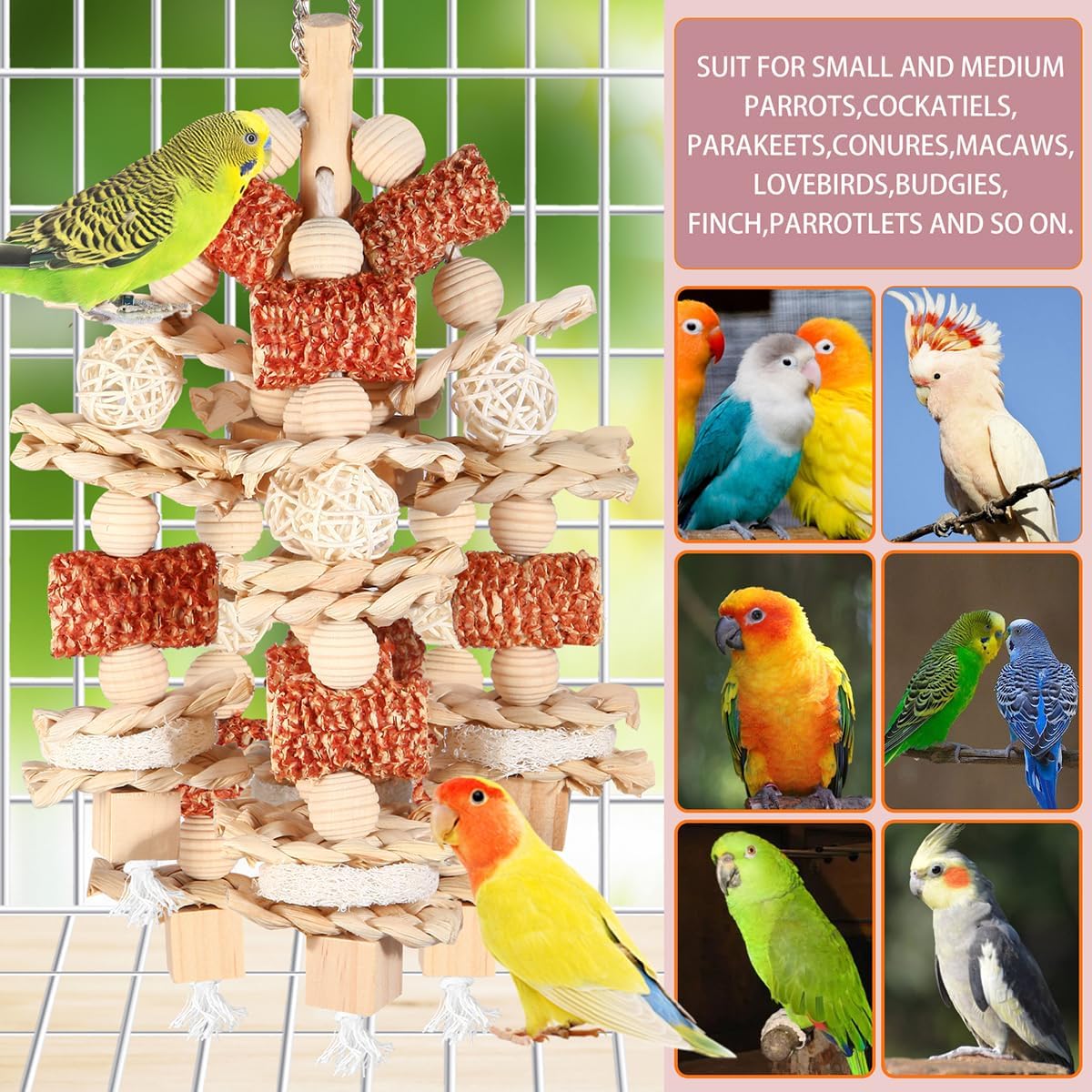 Bird Toys - Natural Corn Cob and Loofah Slices for Large Parrots, Like African Grey, Macaws, Cockatoos and Amazon Parrot - Wooden