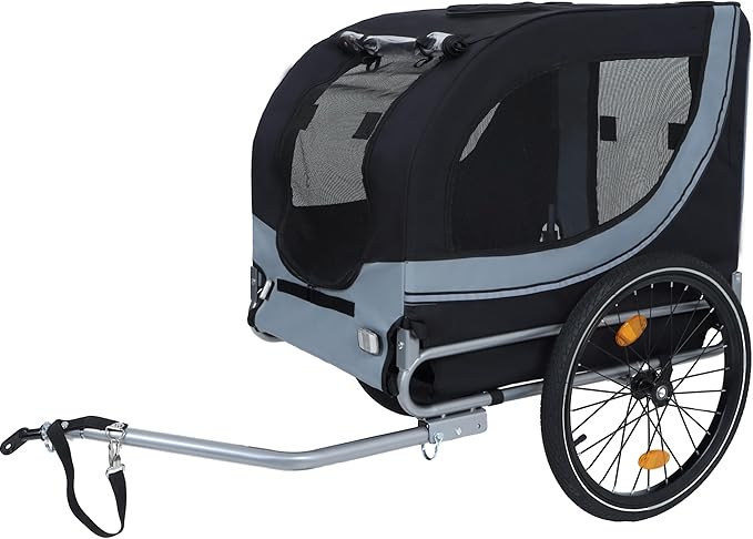 Blue-Grey Large Folding Bike Trailer for Dogs – Heavy-Duty Steel Frame, 66LB Capacity Pet Carrier for All-Terrain Cycling, Jogging & Camping Adventures!