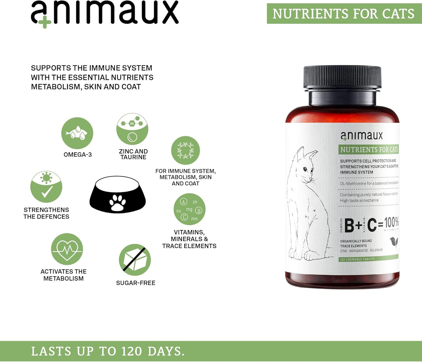 animaux – nutrients for Cats, All-Natural Cat Vitamins, Cat Essentials to Strengthen The Immune System & Natural Cell Protection, Healthy Skin & Shiny Coat, 120 Chewable Tablets, 120 Days Supply
