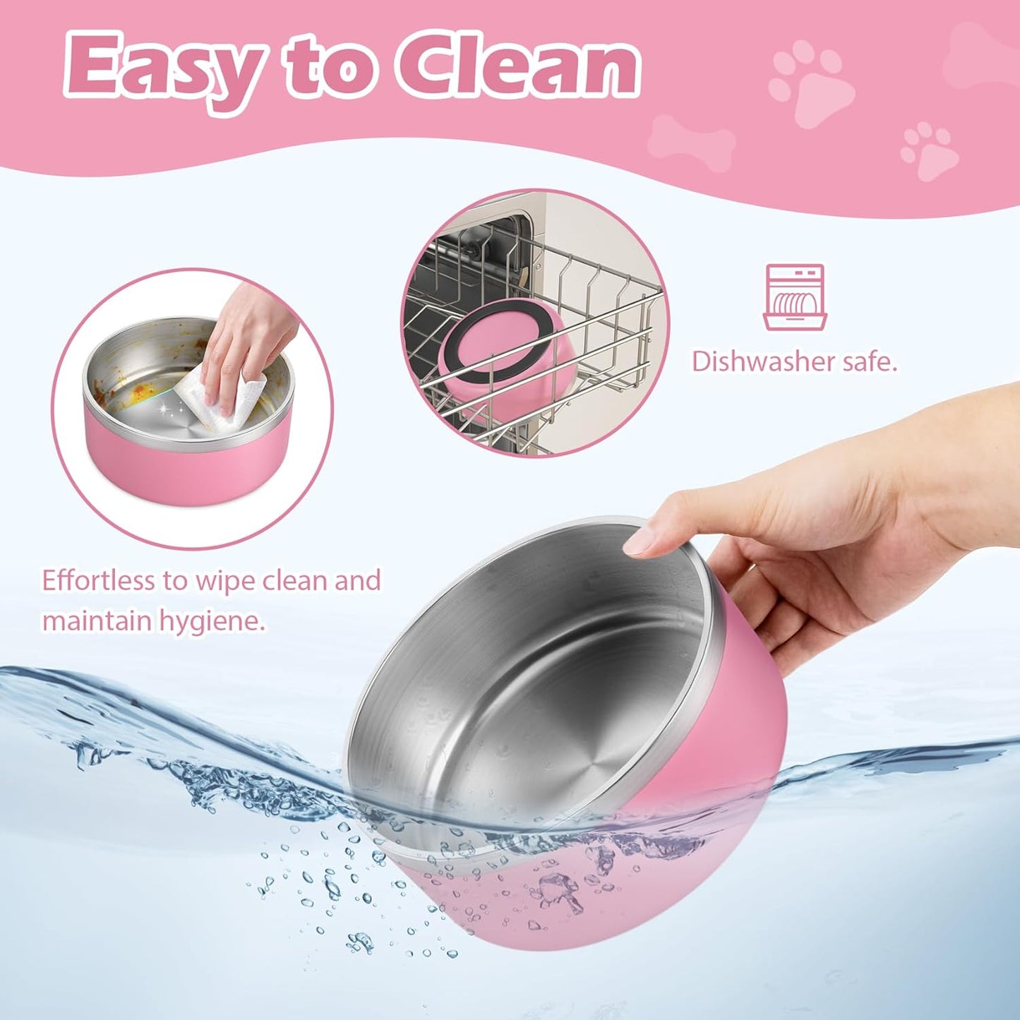 LIANLAI Dog Bowls, Rust-Resistant Stainless Steel Dog Bowls, Non-Slip Double-Walled Pet Dishes, Dishwasher Safe (Pink，40 oz)