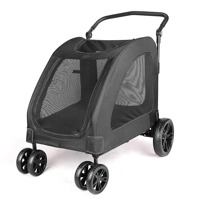 Large Dog Travel Stroller with 4 Heavy Duty Wheels Pet Stroller with Adjustable Handle - Double Doggie Capacity Jogger Wagon with Back Front Door for Small Medium Large Dogs (Black)