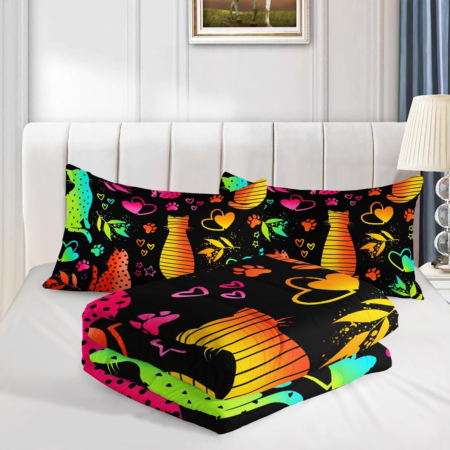 Kawaii Cat Animal Comforter 3Pcs Twin Lovely Pet Cat Bedding Set for Kid Teen Girl Boy Adult Room Decor Cartoon Kitten Paw Heart Bamboo Leaf Pattern Quilt with 1 Comforter and 2 Pillowcases