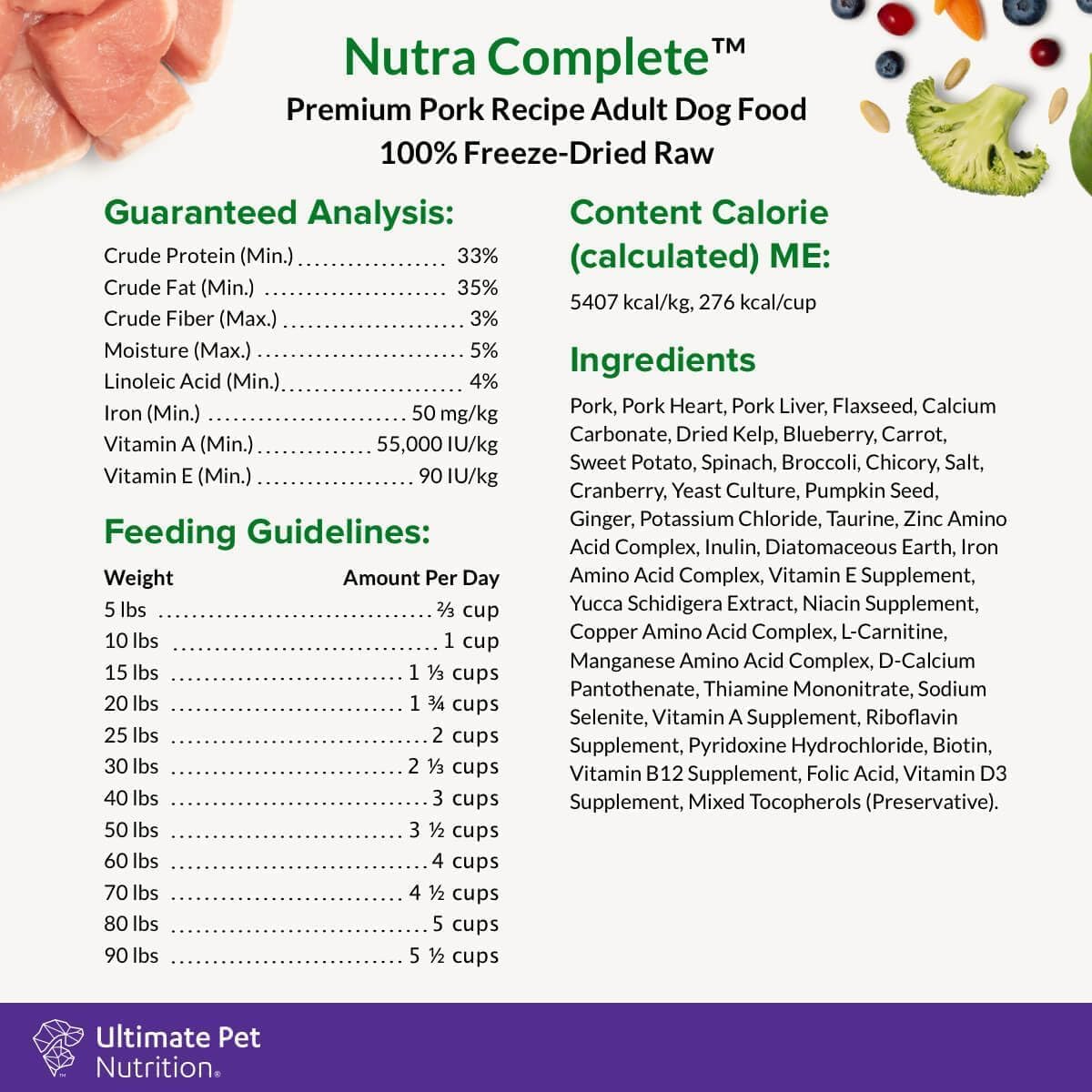 ULTIMATE PET NUTRITION Nutra Complete, 100% Freeze Dried Veterinarian Formulated Raw Dog Food with Antioxidants Prebiotics and Amino Acids, (1 Pound (Pack of 4), Pork)