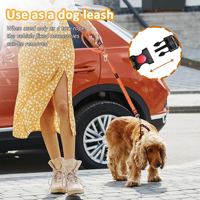 Removable Dog Seat Belt Harness for Car, 3 in 1 Pet Dog Car Seatbelt Leash, Retractable Restraint Secures to Vehicle Headrest & Adjustable Reflective Bungee Dog Seatbelt Tether,Orange