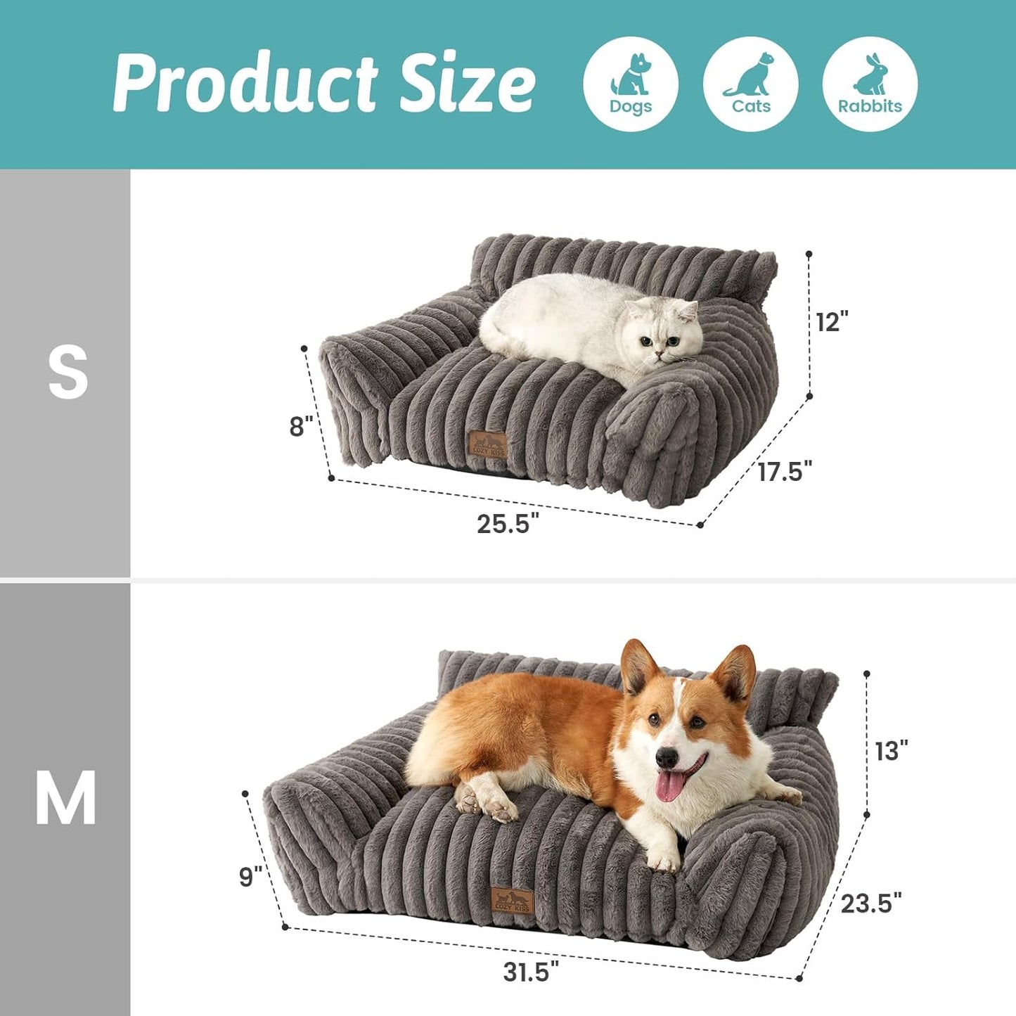 Cute Cat Couch, Premium Plush Faux Fur Pet Couch Bed, Ultra-Soft Pet Furniture for Cats & Small Dogs (Grey, S: 25.5''x17.5'')
