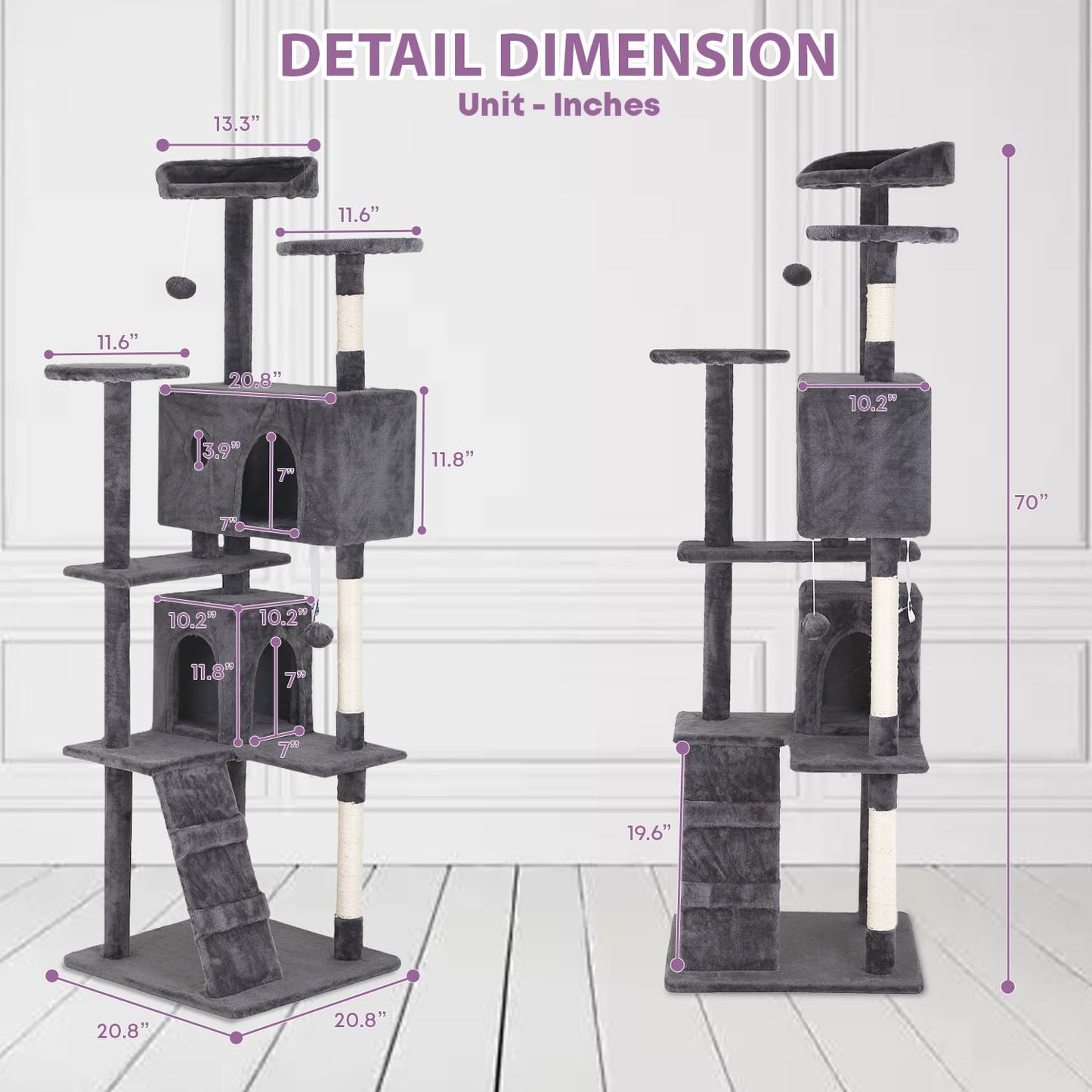 70 inches Cat Tower for Indoor Cats Multi-Level Cat Condos for XL Cat Tree Cat Climbing Tower with Scratching Posts, Hanging Toys,Light Gray