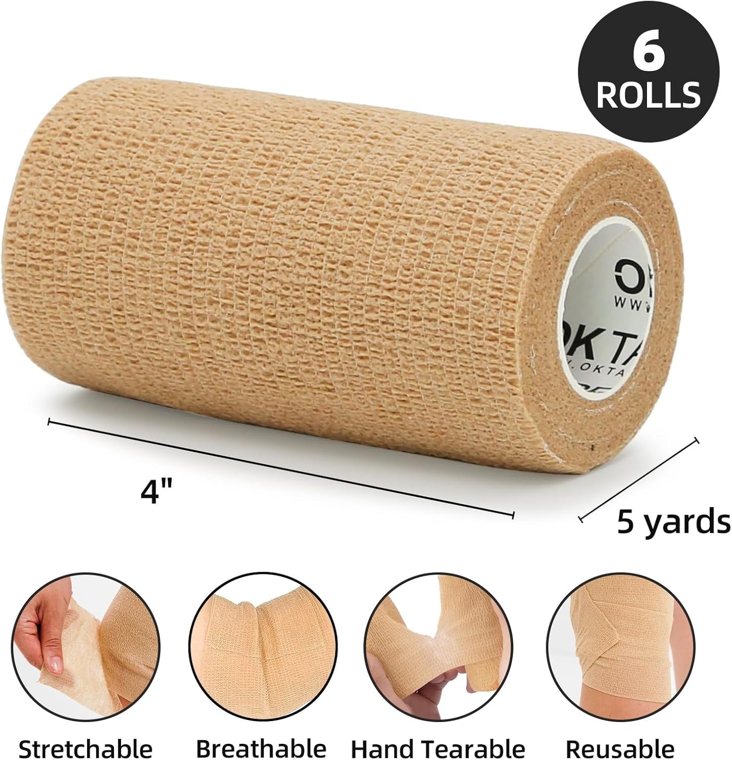 OK TAPE Self Adherent Cohesive Bandages Wrap - 6Packs, 4" x 5 Yards, Non-Woven Self Adhesive Bandage Wrap for Thumb, Finger, Wrist, Ankle, Vet Wrap Bandages Tape (Beige)