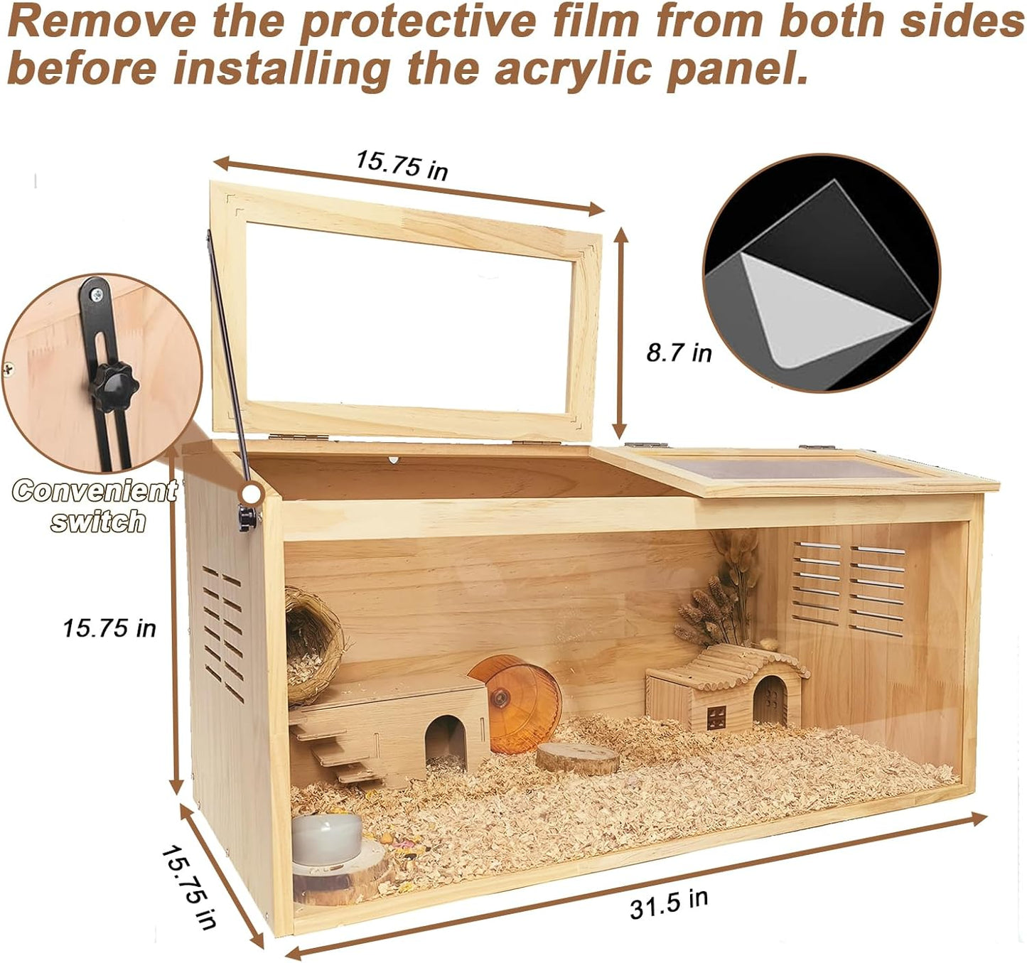Wooden Hamster Cage,32" Lx16 Wx16 H,Animal Cabinet for Dwarf Syrian Hamsters Degus, Hamster Habitat with Openable Top and Large Acrylic Sheets, Natural Wooden Hamster Habitat.