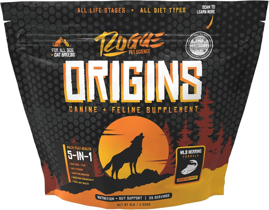 Origins 5-in-1 Dog Supplement - Powdered Food Topper w/Natural Omega 3 Fish Oil - Supports Healthy Digestion, Skin, and Coat - Helps Reduce Itching & Joint Inflammation (2 lbs)