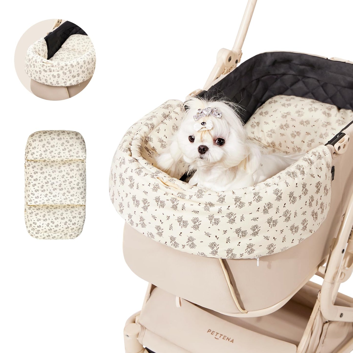 Dog Stroller Cushion & Mat, Pet Stroller Cushion for Dogs & Cats, 5-Level Waterproof & Removable Inner Core, Dog-Ergonomic 3-Zone Support, 4-inch Thickness (Flower Set)