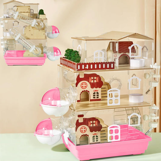 17 in 1 Clear Acrylic Hamster Cage with All Accessories,13.5''L* 10''W* 21''H Dwarf Hamster Cage,Magnetic Connection Small Hamster Enclosure,Garden Style Wooden Mouse Cage for Pet Mice(3-Layer,Pink)