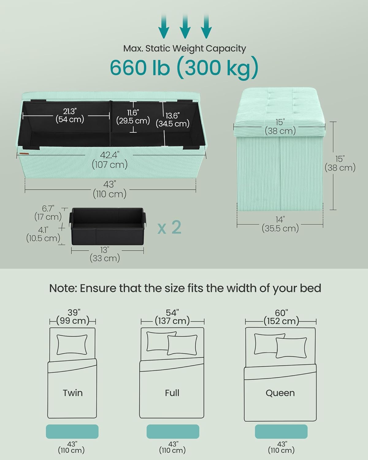 SONGMICS MAZIE Collection - Storage Ottoman Bench, Foldable Foot Rest, 15 x 43 x 15 Inches, End of Bed Bench, Storage Chest, Load 660 lb, Living Room, Bedroom, Entryway, Moonlight Green ULSF604C01