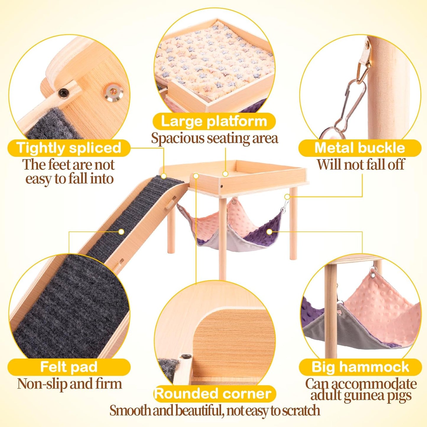 Enlarged Guinea Pig Hammock with Platform and Stairs,Wooden Small Animal Hideout for Guinea Pigs Bunny Ferret Hamster Hiding Sleeping Activities(Single)