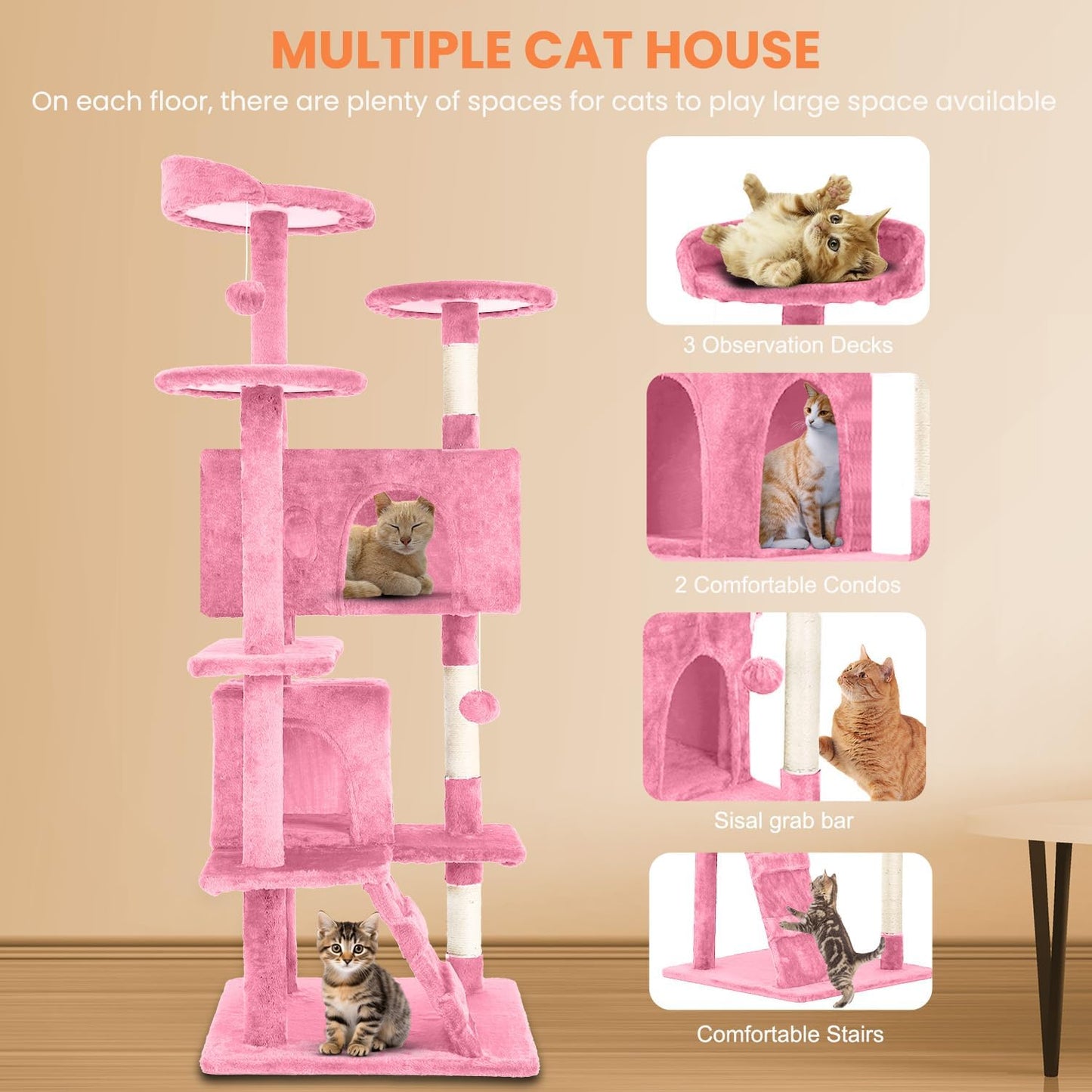54.7 inches Cat Tower for Indoor Cats, Multi-Level Cat Condos with Scratching Posts, Hanging Toys, Pink