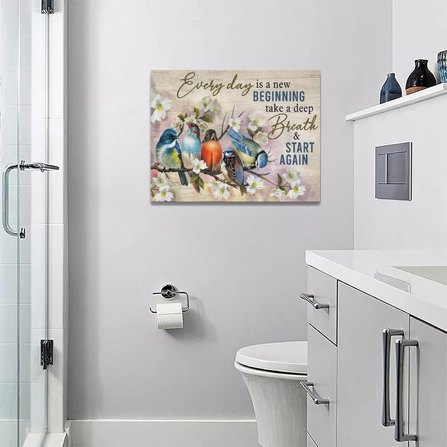 Bird Wall Art Farmhouse Flower Branch Pictures Rustic Country Birds Wall Decor Floral Canvas Print Painting Artwork for Bathroom Living Room Bedroom 12"x16"