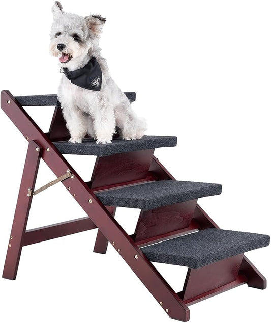 MEWANG Wooden Pet Stairs/Pet Steps - 3-in-1 Foldable Stairs & Ramp for Tall Beds and Cars - Portable Dog/Cat Ladder Up to 220 Pounds - for Small and Older Animals(Brown) (31.5" L x 17.2" W x 25.0" H)