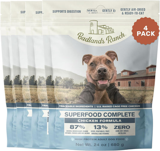 BADLANDS RANCH by Katherine Heigl- Superfood Complete, Air-Dried Adult Dog Food - High Protein, Zero Fillers, Superfood Nutrition (24 Ounce (Pack of 4), Chicken)