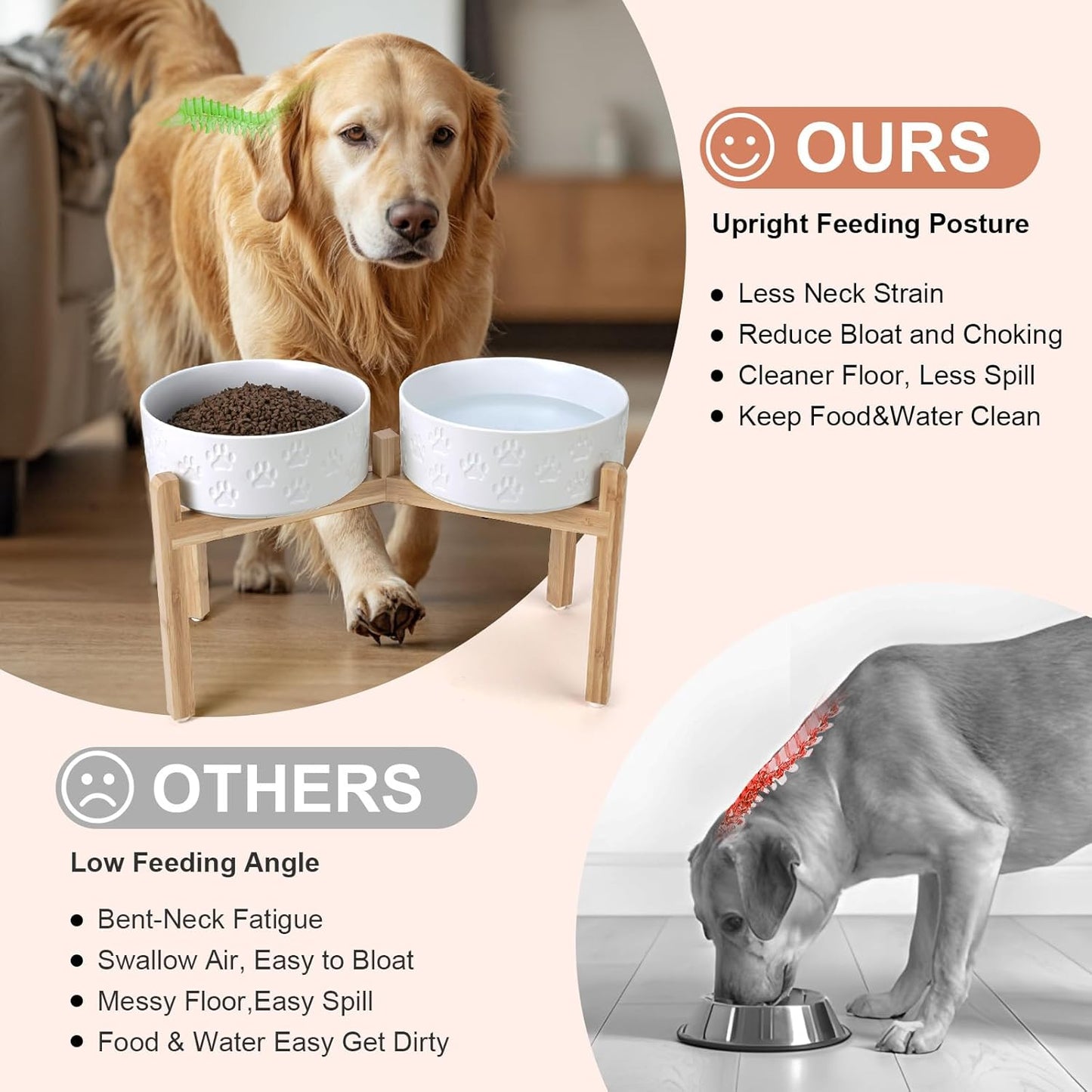 SPUNKYJUNKY Elevated Dog Bowls Ceramic, 8.3'' Dogs Food Water Bowls Raised with Non-Slip Bamboo Stand for Large Sized Breed Microwave Dishwasher Safe - 60 OZ,Paw White