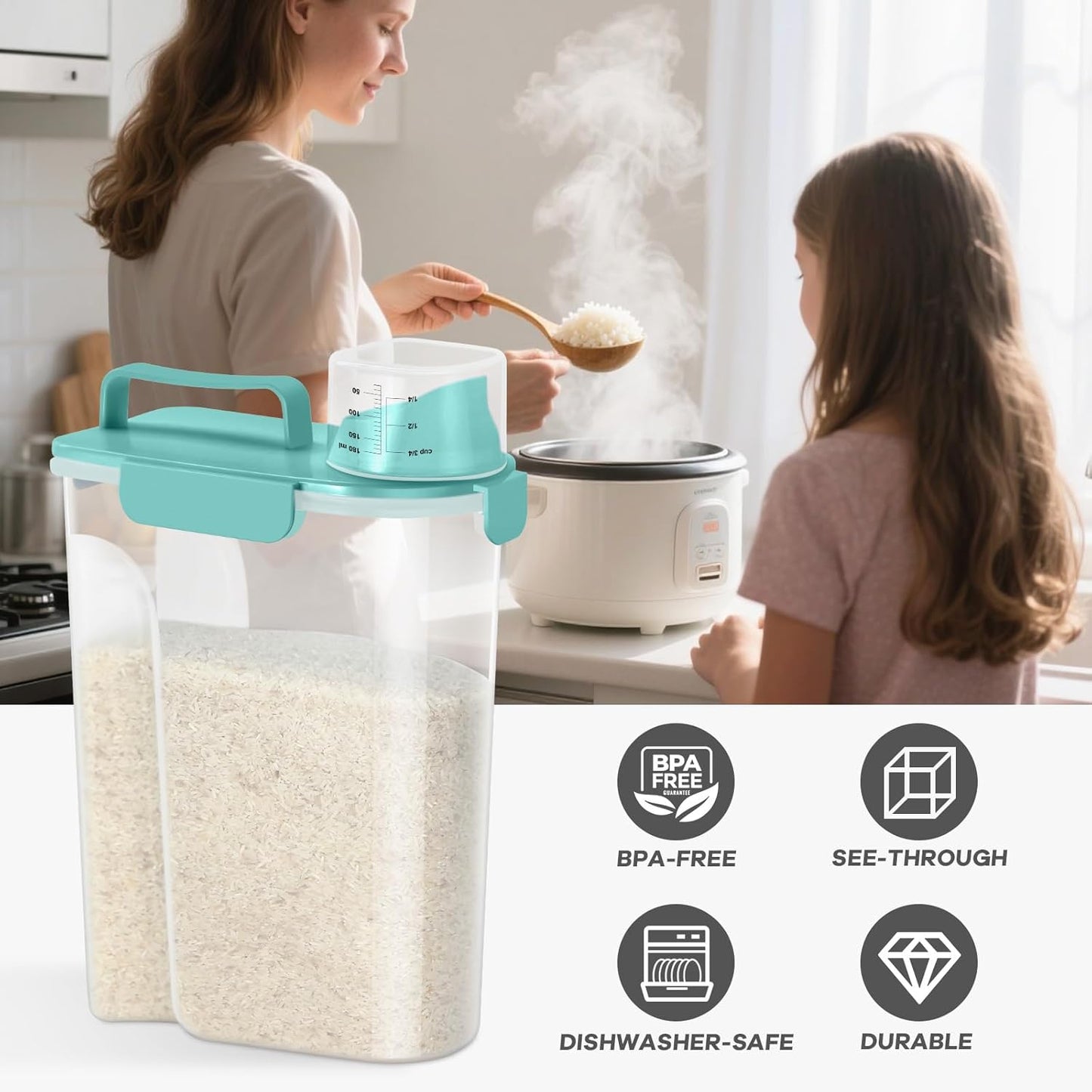 Rice Storage Container 10 Lbs, Pet Cat Dog Food Storage Container with Larger Spout and Cup, Airtight Cereal Containers Storage Food Cereal Dispenser, Kitchen and Pantry Organization Bin-Green