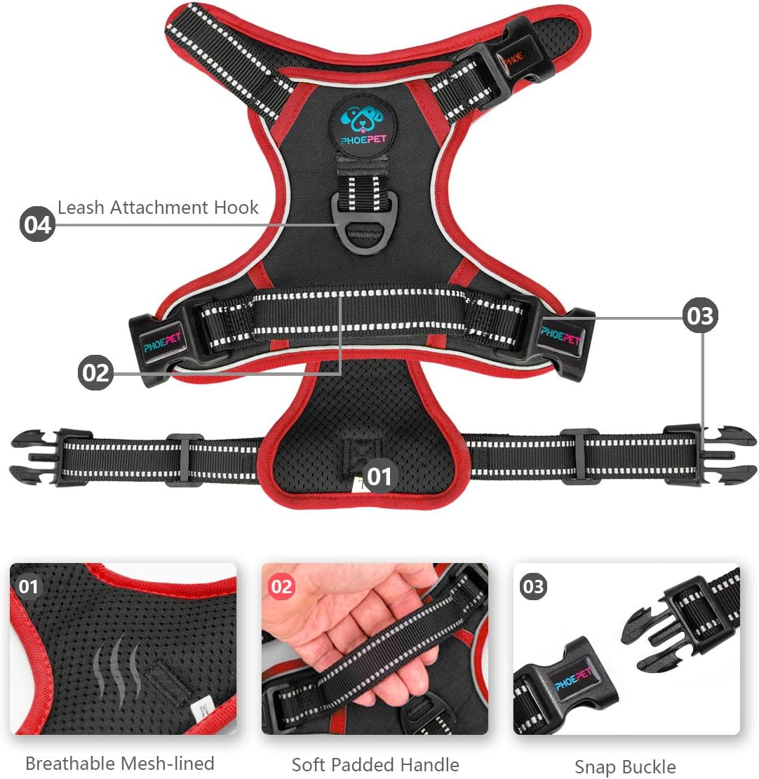 PHOEPET 2019 Upgraded No Pull Dog Harness, Reflective Adjustable Vest, with a Training Handle + 2 Metal Leash Hooks+ 3 Snap Buckles +4 Slide Buckles(XL, Black)