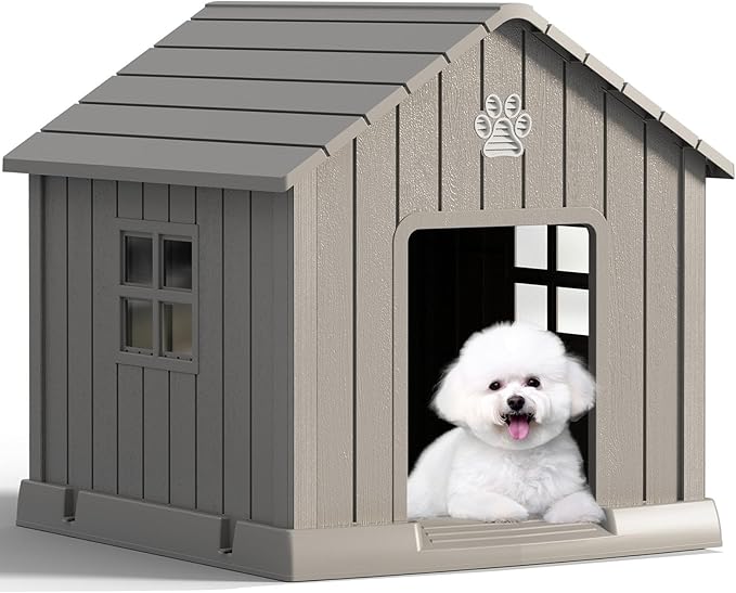 Large Dog House Outdoor Indoor for Medium Large Dogs, Durable Plastic Waterproof Doghouse with Air Vents and Elevated Floor, Easy Clean and Assemble (Grey, 31" L x 33.3" W x 33.5" H)