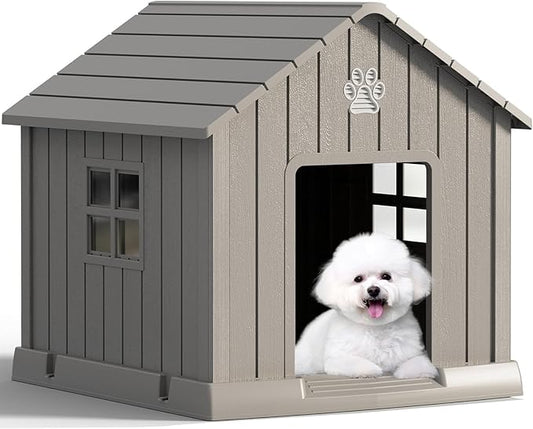 Large Dog House Outdoor Indoor for Medium Large Dogs, Durable Plastic Waterproof Doghouse with Air Vents and Elevated Floor, Easy Clean and Assemble (Grey, 31" L x 33.3" W x 33.5" H)