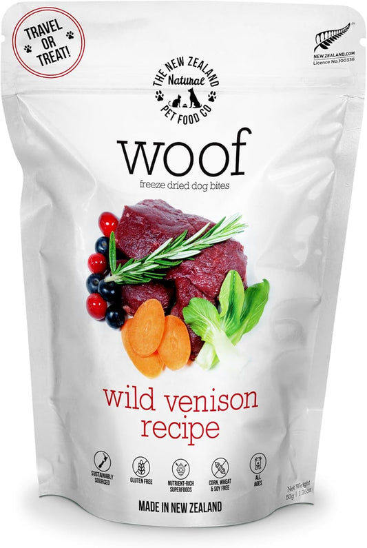 Woof Freeze Dried Dog Food - Wild Venison, High Protein, Dog Food Topper & Dog Treats, All Life Stages, 1.76 oz