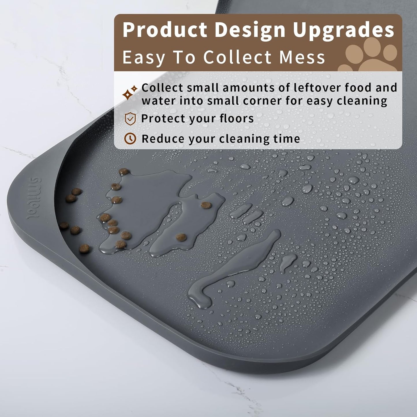 Silicone Pet Feeding Mat with Raised Edge & Residue Collection Pocket for Food and Water, Dog Bowl Mats, Cat Bowls Placemat with High Lip for Floor Waterproof, 19 x 12 x 0.7 Gray