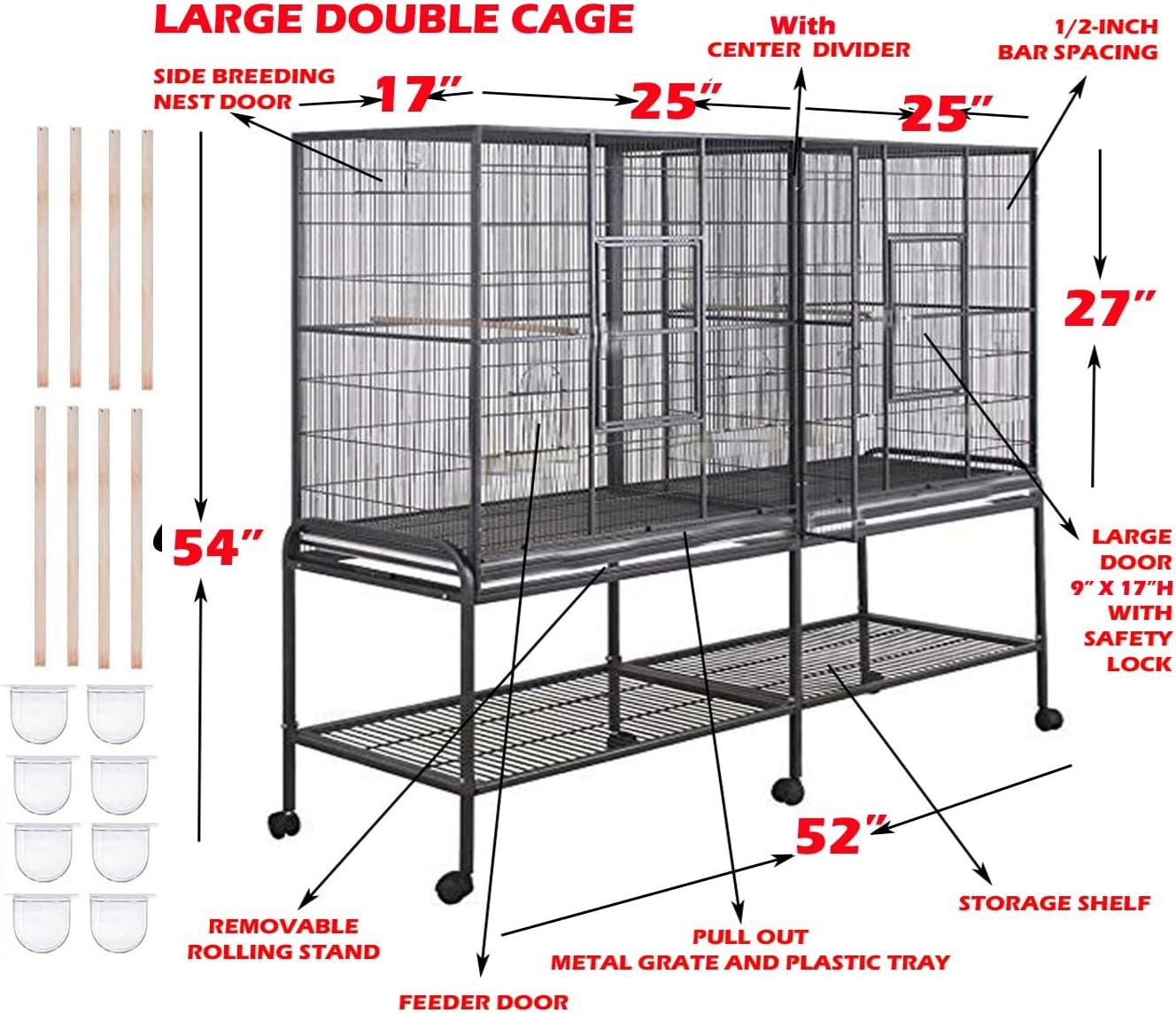 54" Large Double Breeding Flight Bird Wrought Iron Double Parrot Bird Cage Slide Out Center Divider Side Nesting Doors Cockatiel Conure Removalbe Rolling Stand