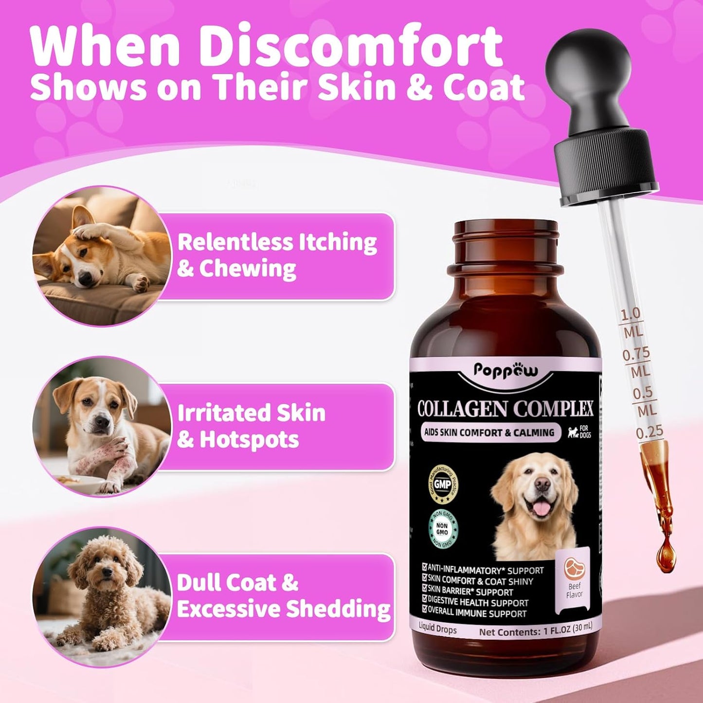 Liquid Collagen for Dogs Skin Comfort & Calming, Dog Itch Relief & Anti-Scratching & Coat Supplement with Biotin for Skin Barrier & Sensitive Immune Health Support - Beef Flavor, 2 FL.Oz