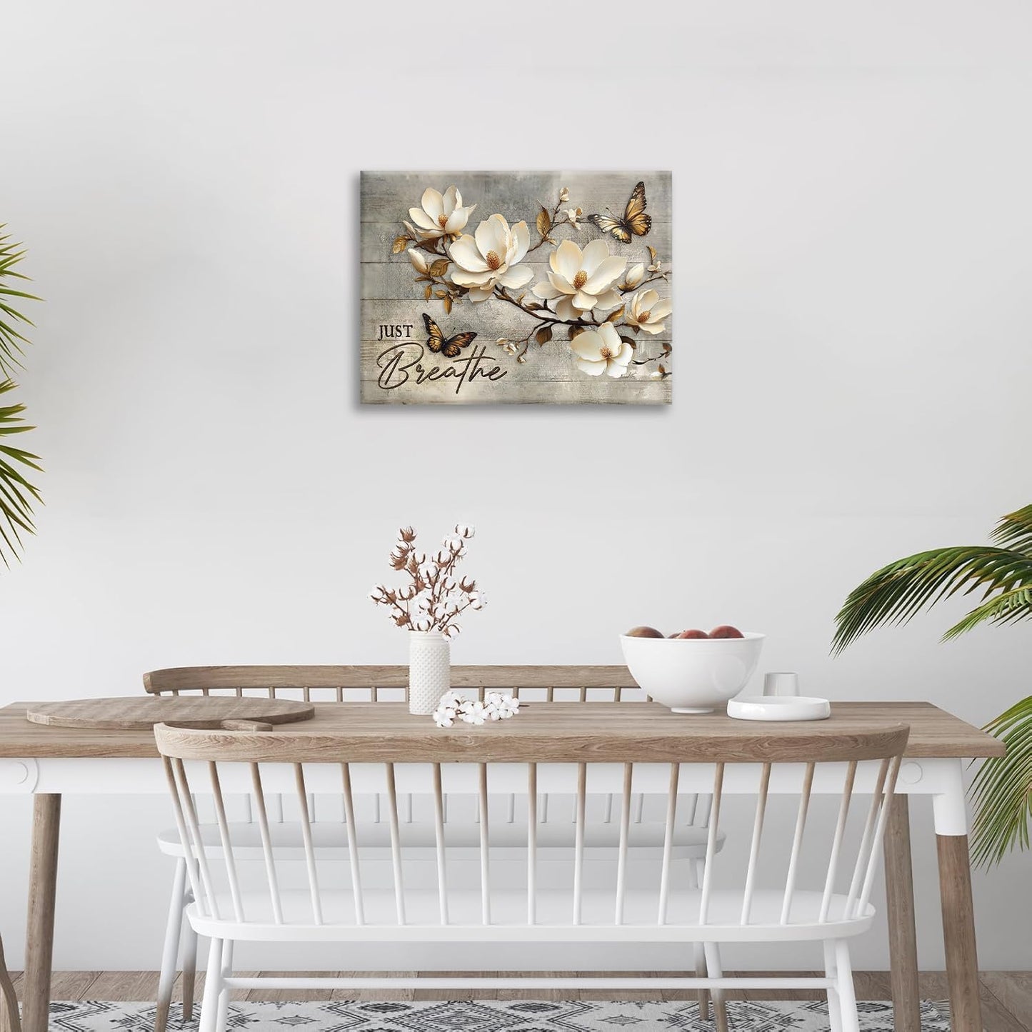 Floral Magnolia Bathroom Pictures Wall Art, Just Breathe Bathroom Wall Decor, Flower Butterfly Framed Painting Canvas Artwork for Bedroom Living Room Decorations 16"L x 12"W