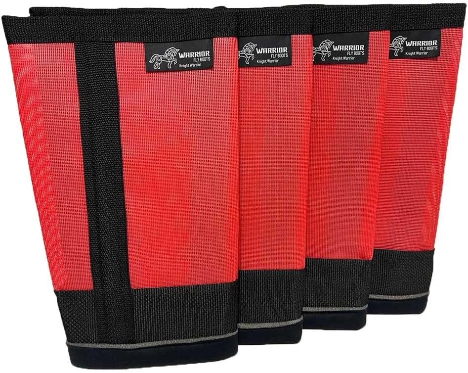 Warrior Fly Boots for Horses - Breathable Mesh Horse Boots for Fly Protection & Leg Comfort - Set of 4 (Knight Warrior, Red)