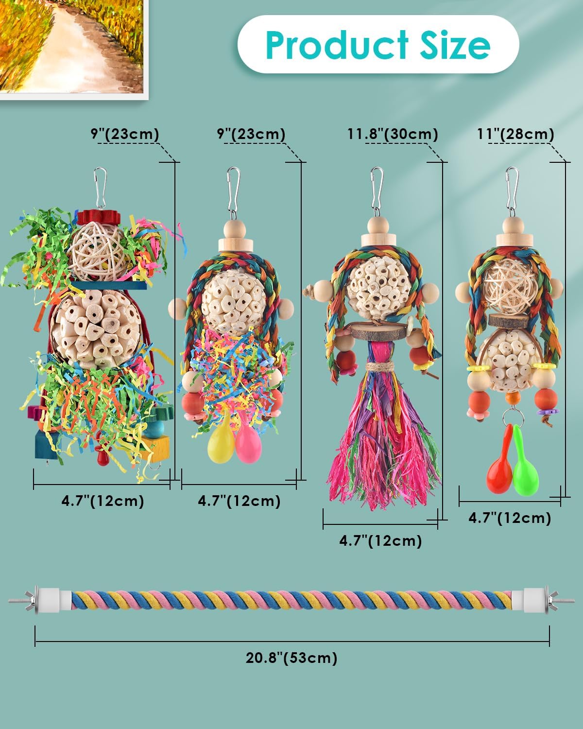 Bissap Conure Toys, 5 PCS Bird Foraging Shredder Hanging Swing Rope Perch Toys Sola Balls with Sand Hammer for Small Parrots Parakeets Conures Cockatiels Love Birds Cage Toy